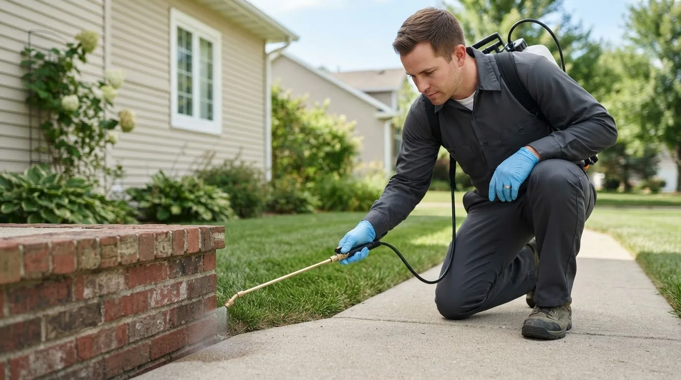 Pest control technician treating a home near Marble Falls, AR